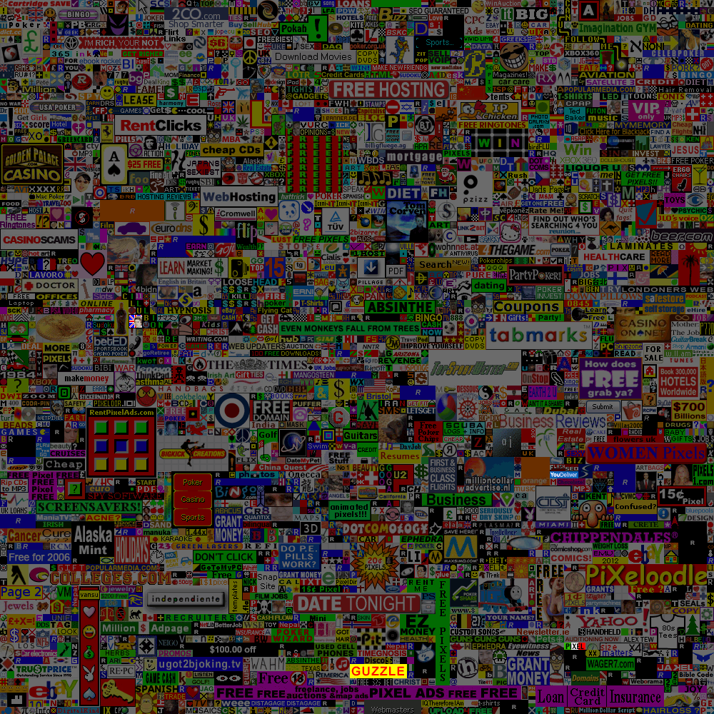 The full Million Dollar Homepage grid, dimmed, with the 4 blocks of the collection lit up